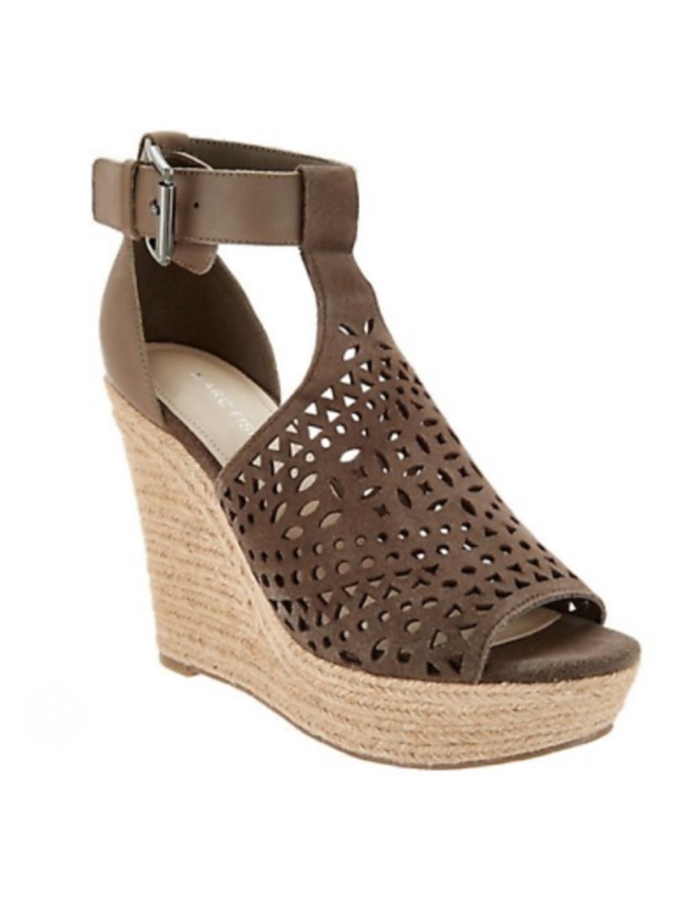 MARC FISHER Hasina Perforated Olive Suede Espadrille Wedge Sandal size 8.5 EUC